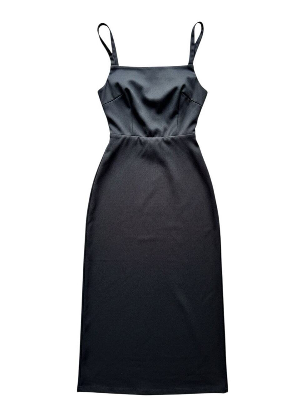 LPA Black Satin Solid Square Neck Strappy Sleeveless Slip Midi Dress S
